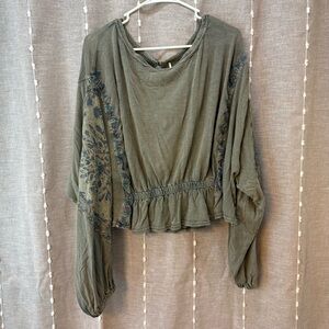 Free People Olive Embroidered Blouse